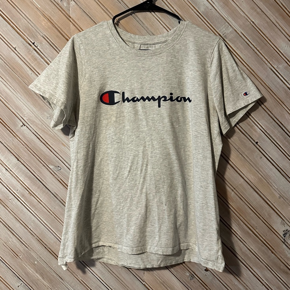 Champion Light Heather Gray Logo Tee Embroidered Short Sleeve Fitted